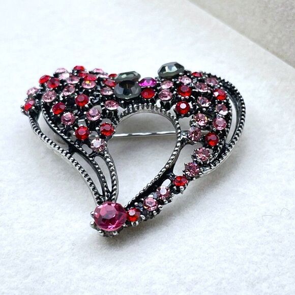 Gunmetal Gray with Ruby Pink Sapphire and Olivine Crystal Heart Pin Back Brooch - Picture 4 of 8